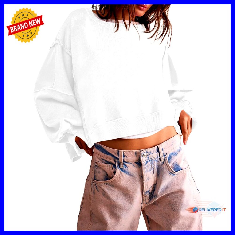 Oversized Cropped Sweatshirt Long Sleeve Crewneck Side Slit Casual Loose Fit